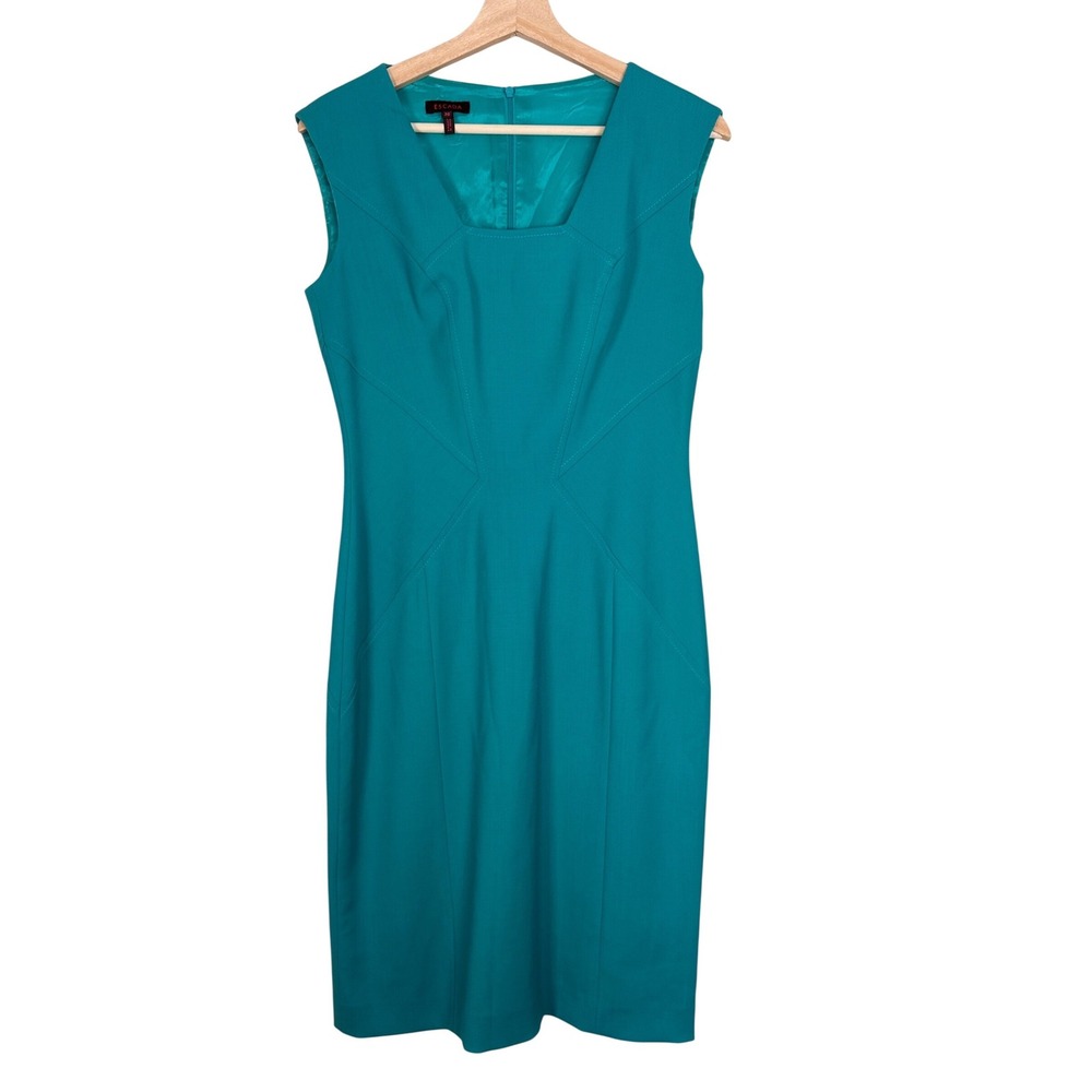 Escada Teal Sheath Dress Square Neck Sleeveless Business Career Size 36/S Wool‎